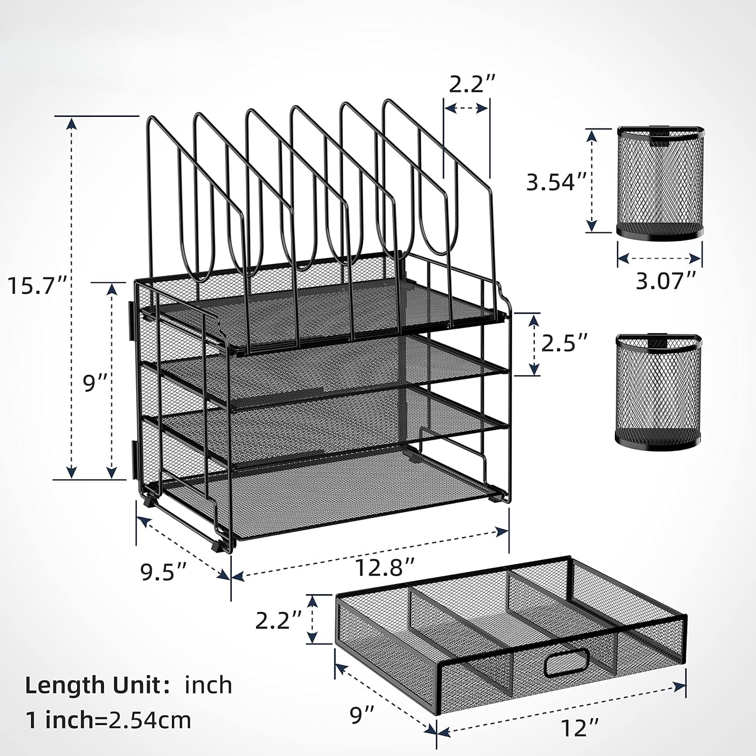 INTIGE 4-Tier Mesh Desk Organizer with Drawer, Desktop Organizer with 5 Vertical File Holders and 2 Pen Holders