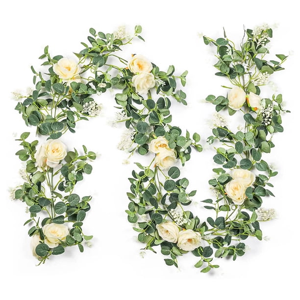 Paquete de 2 Guirnaldas de Eucalipto con Rosa ChampáN, Guirnalda Verde una Granel de Seda Artificial Floral Hojas de Eucalipto Vides (A)