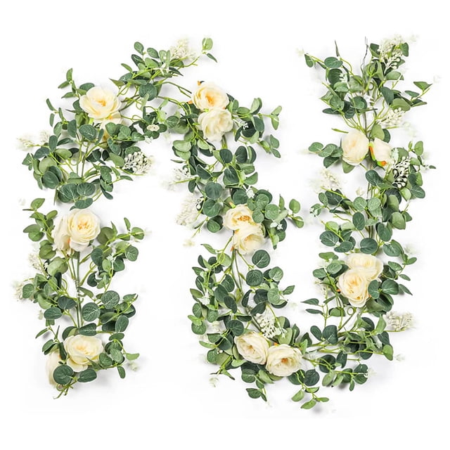 Paquete de 2 Guirnaldas de Eucalipto con Rosa ChampáN, Guirnalda Verde una Granel de Seda Artificial Floral Hojas de Eucalipto Vides (A)