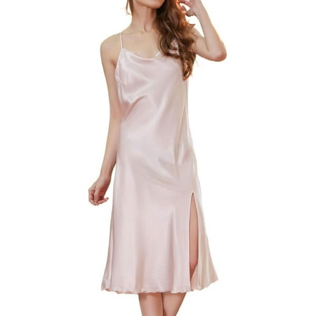 NANAHuang Women s Satin Nightgown Midi Chemise Square Neck Sleeveless Side Slit Open Back Sleepwear Lingerie