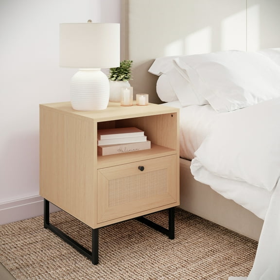Flash Furniture Mid-Century Modern Nightstand or End Table with Rattan Accented Drawer, Open Upper Shelf, and Metal Legs in Natural
