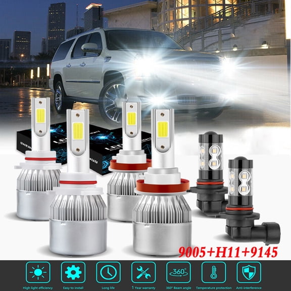 For Cadillac Srx 2010-2016 Headlights 9005 H11 LED High and Low Beam 9145 Fog Light 6pc
