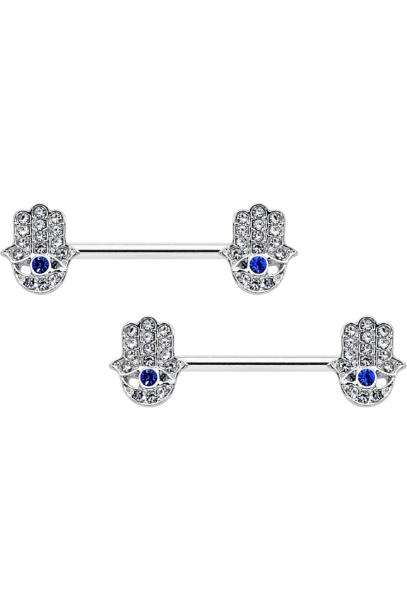 14G Womens Piercing 316L Surgical Steel 2Pc Blue Eye Hamsa Hand Nipple Ring Set 9/16