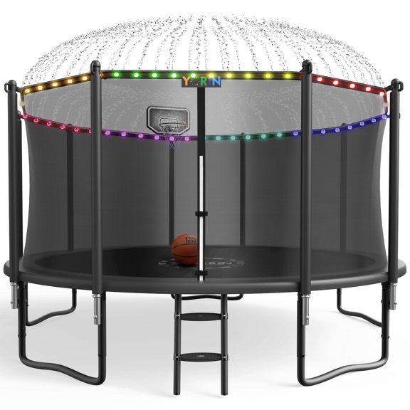 YORIN Trampoline, 14FT Trampoline for 6-7 Kids Adults with Enclosure, 1400LBS Outdoor Trampoline with Basketball Hoop, Sprinkler, Light, Socks, Ladder, Galvanized Anti-Rust Coating Trampoline