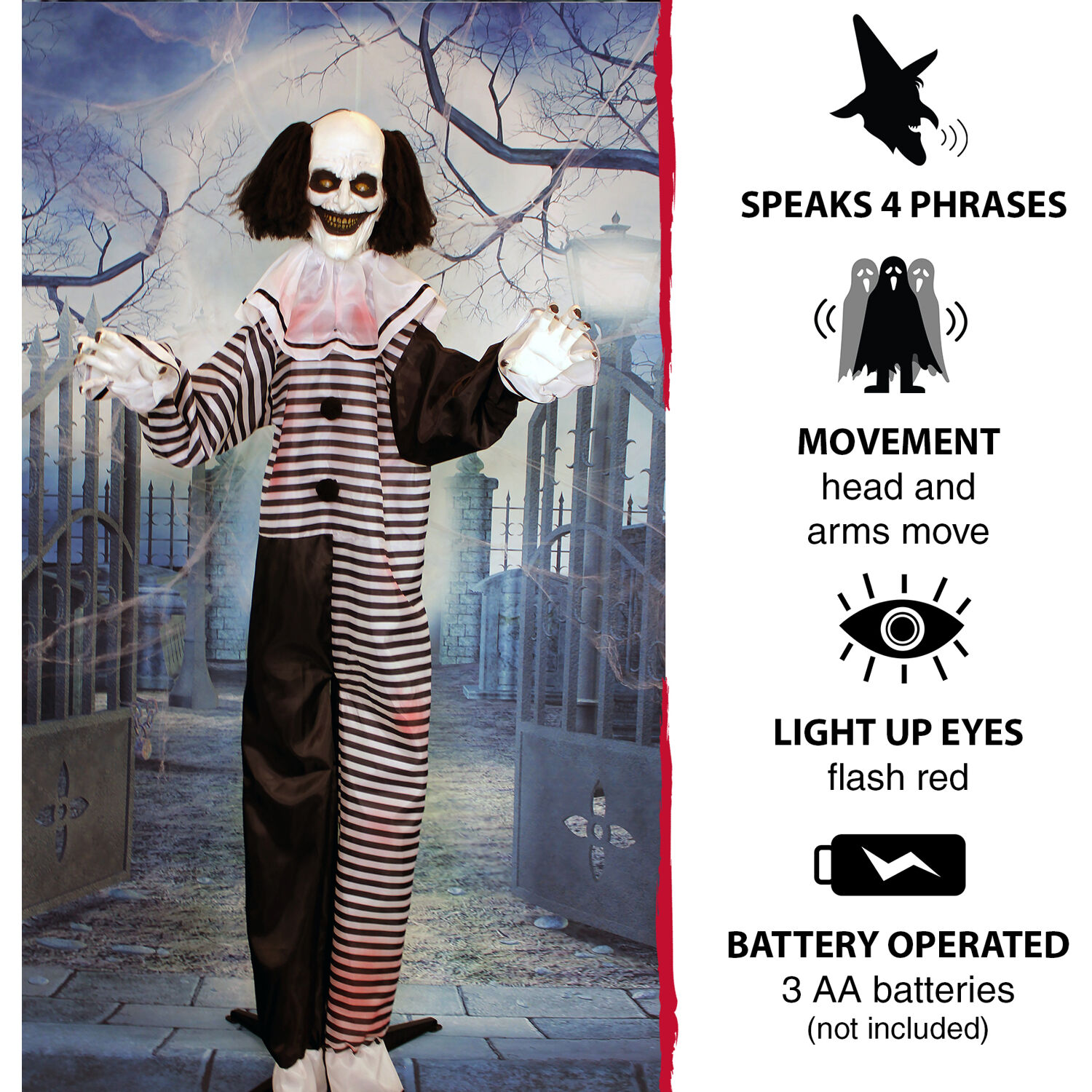 Haunted Hill Farm 75" Clown Animatronic with Lights and Sound, Halloween Decor HHCLOWN-11FLSA