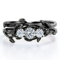 JeenMata Nature-inspired Design 1 Carat Round Brilliant Cut Moissanite Triple Stone Wedding Ring Set in 18K Black Gold Plating over Silver