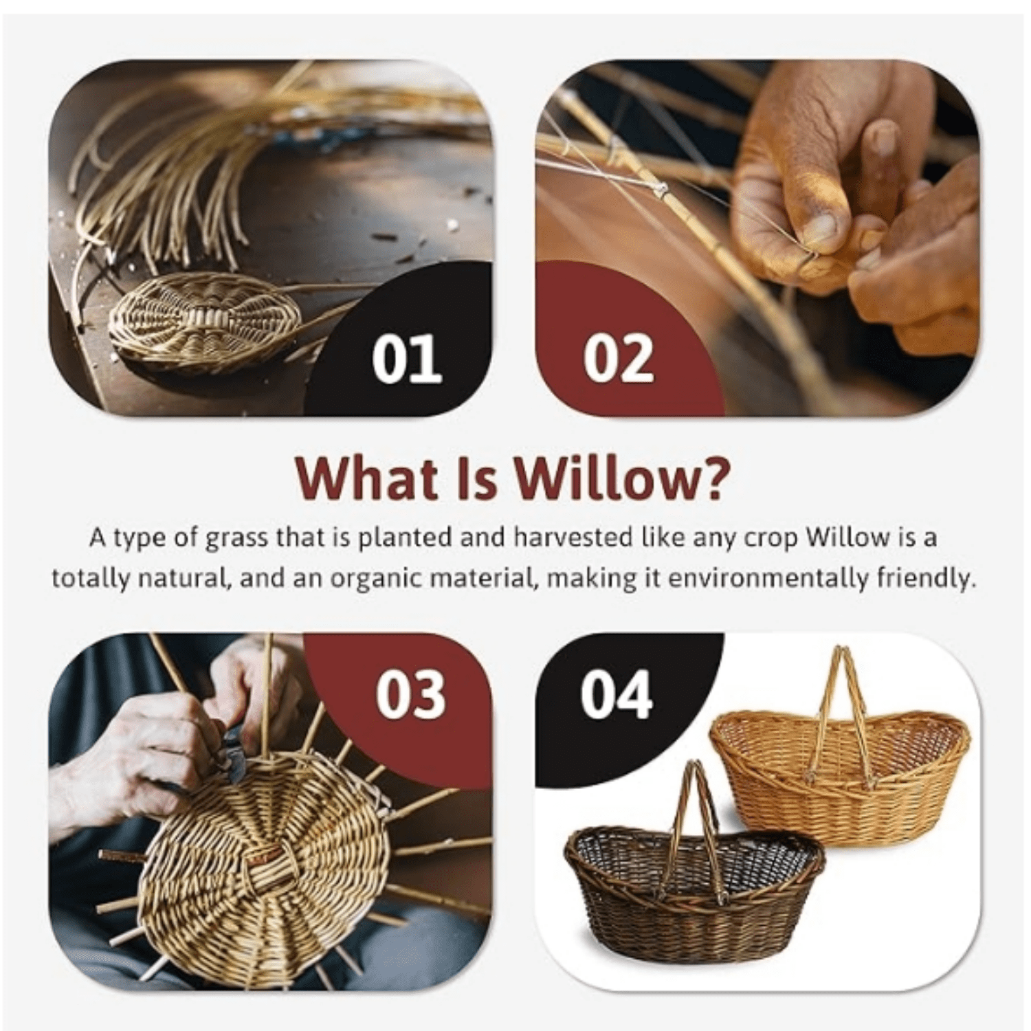 Medium Wicker Basket with Handle - Dark Brown Hand Woven Harvest Basket - Wicker Flower Basket for Storage, Picnics, Easter, Organizing, and More (17 x 6.5 inches)