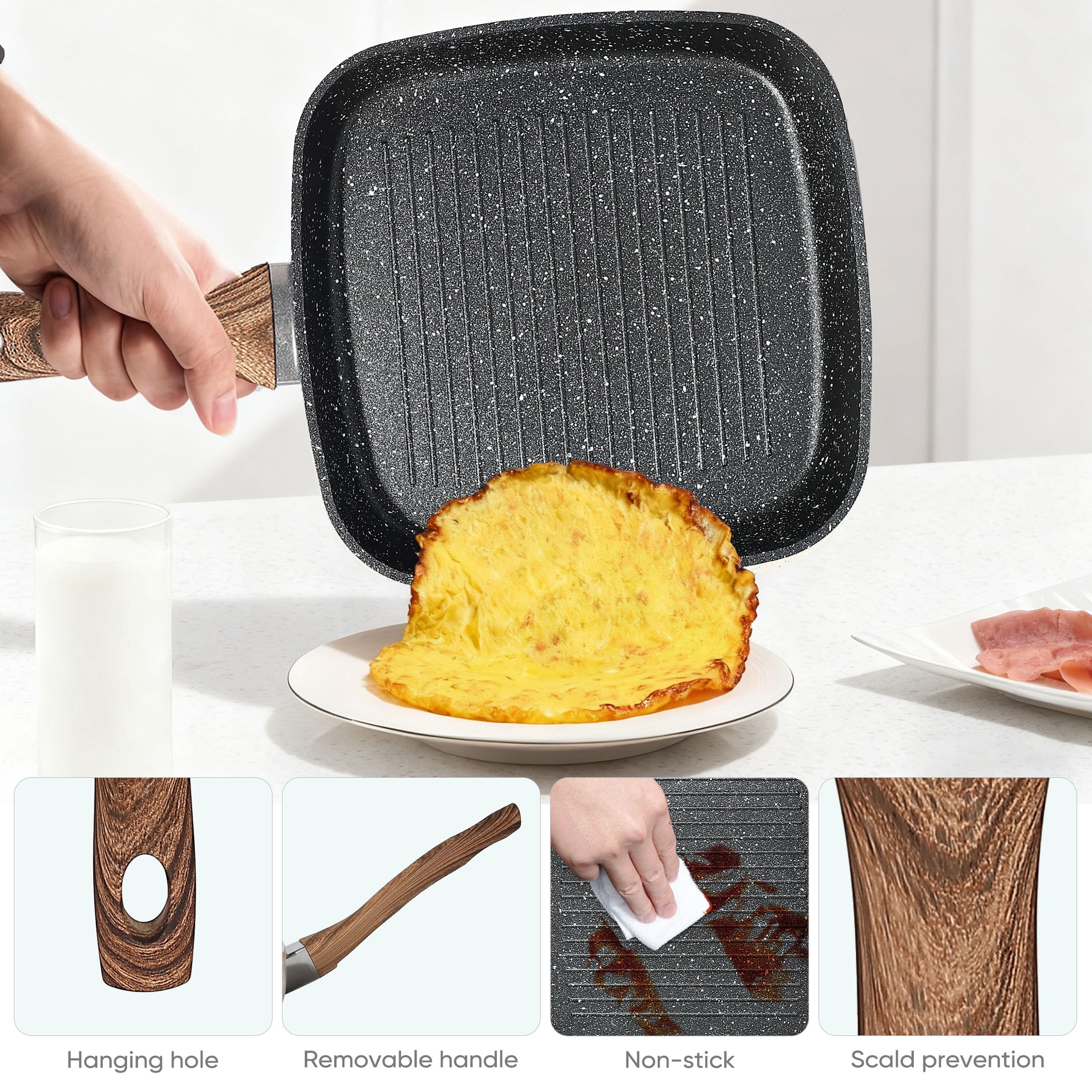 EDX 3 Piece Nonstick Grill Pans, Square Frying Pans Set with Stay Cool Handle ,for Indoor Outdoor RV Camping Cooking, Black
