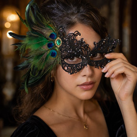 Lace Masquerade Mask for Women 10 Inch Peacock Feather Rhinestone Eye Mask for Masquerade Party Prom Mardi Gras Halloween Green, 1 Pack