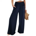 thumbnail image 2 of Lenpel Palazzo Pants for Women Elastic High Waisted Pull on Wide Leg Lounge Pants Baggy Casual Trousers with Pockets(Navy,X-Large), 2 of 7