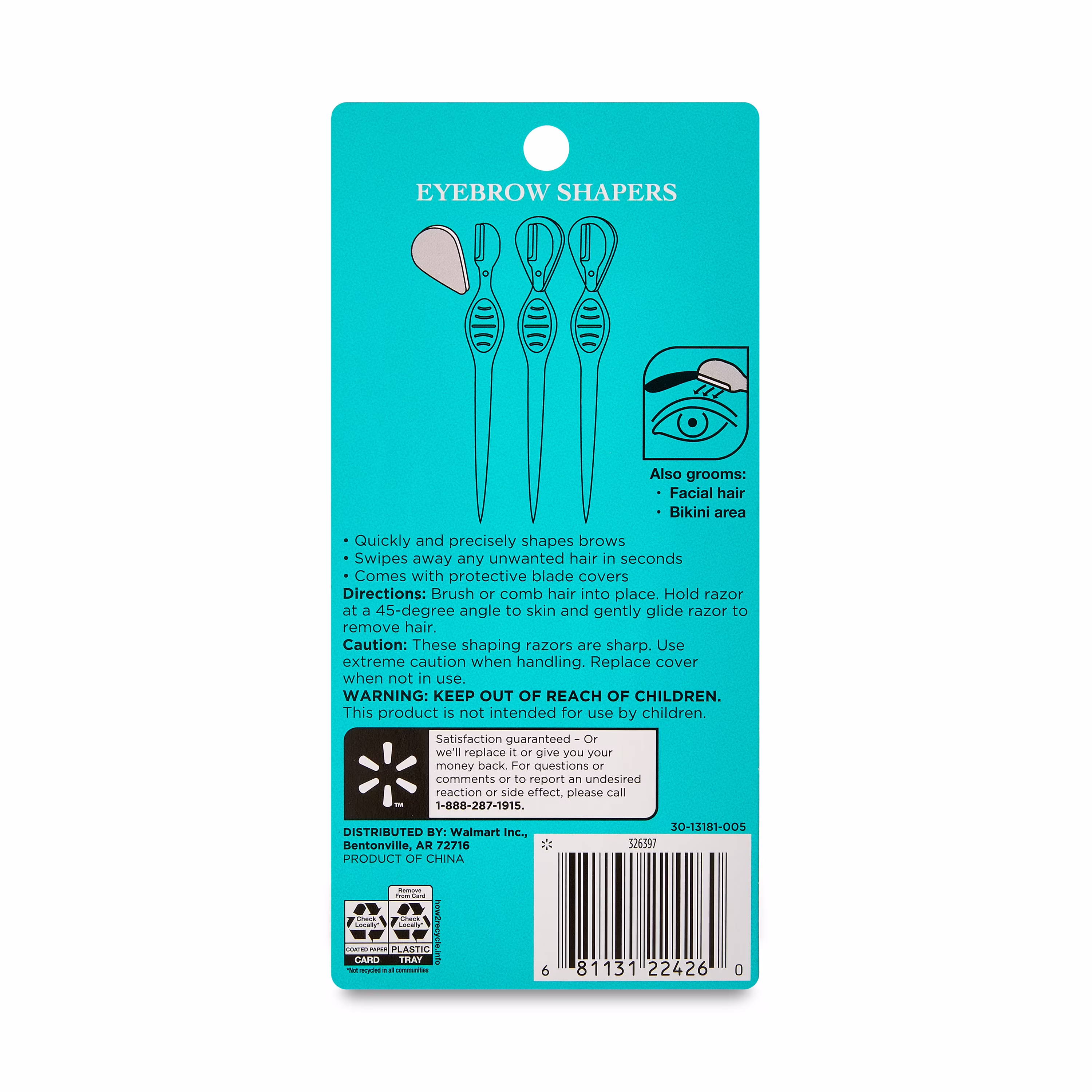 Equate Eyebrow Shapers Precision Tool, 3 Count, Stainless Steel