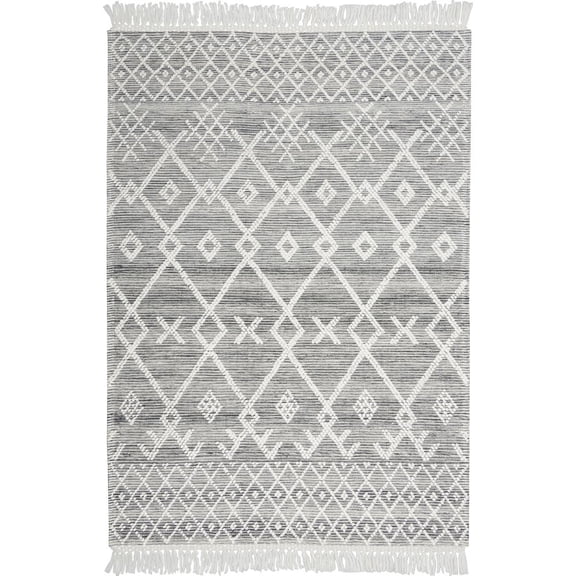 4' x 6' Gray and Ivory Geometric Hand Woven Area Rug With Fringe