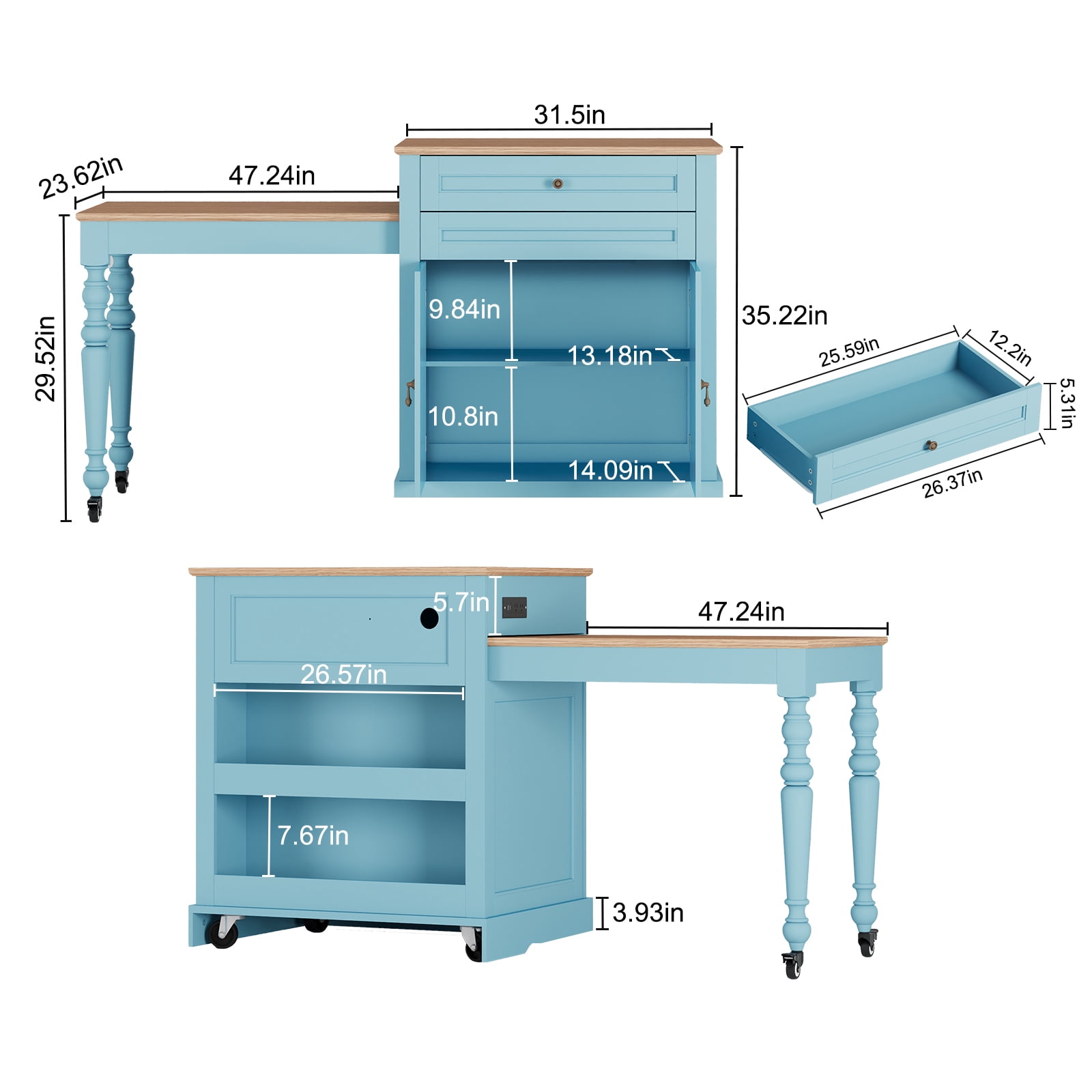 CBJCBJ Modern Extendable Kitchen Islands on Wheels with Power Outlet, Dining Table Cart with 2 Doors Storage, Blue