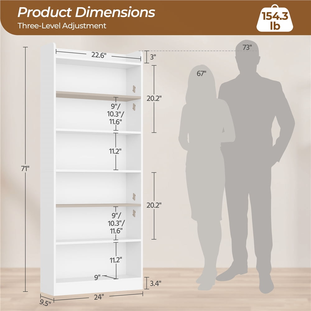 Renwick Wooden 7 Layer Open Shelf Bookcase with Compartment, White
