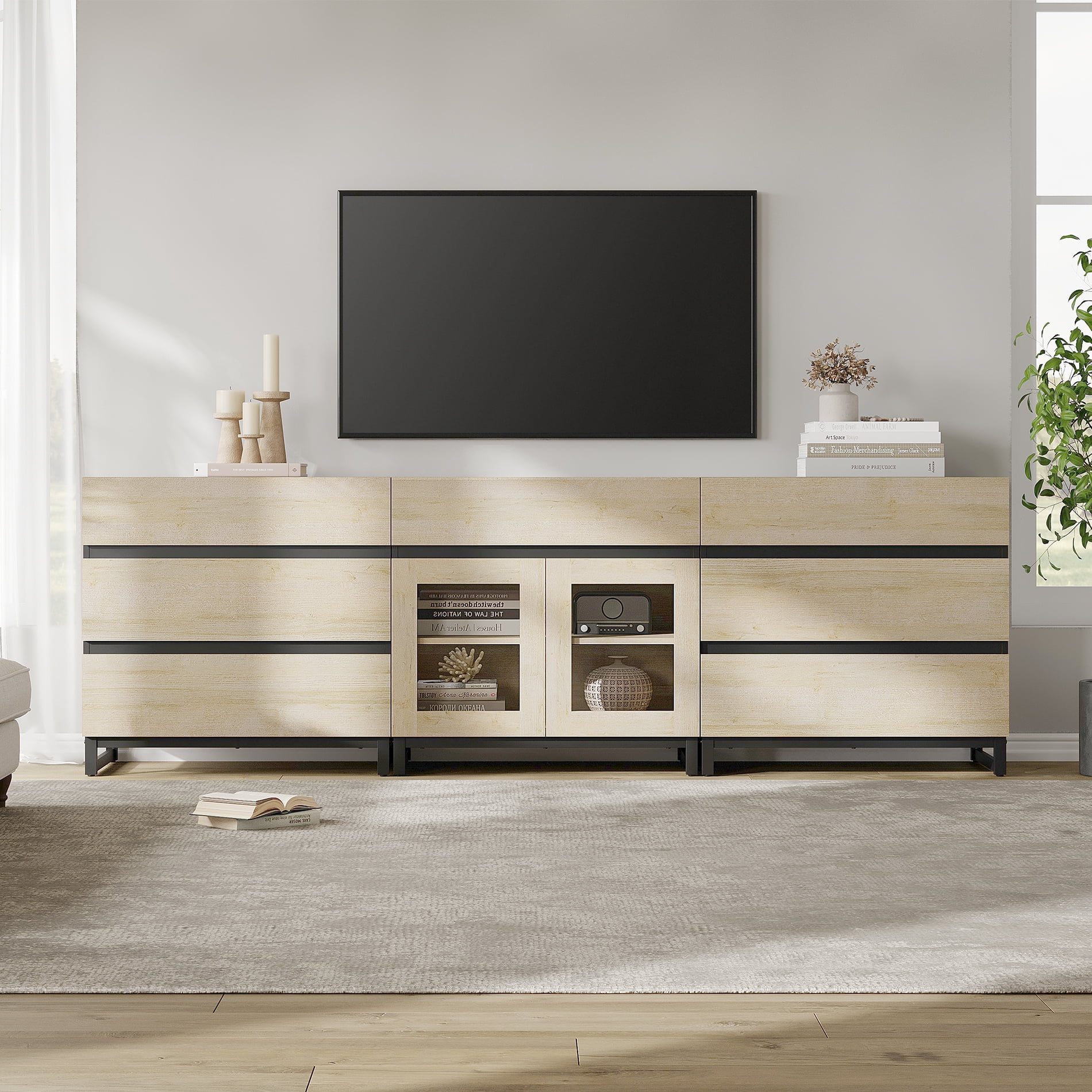 Modern TV Stand For Tvs Up To 100 Inch, 3 In 1 TV Console With Glass Doors And 7 Drawers, Media Console With Adjustable Shelf For Living Room, Bedroom,Beige