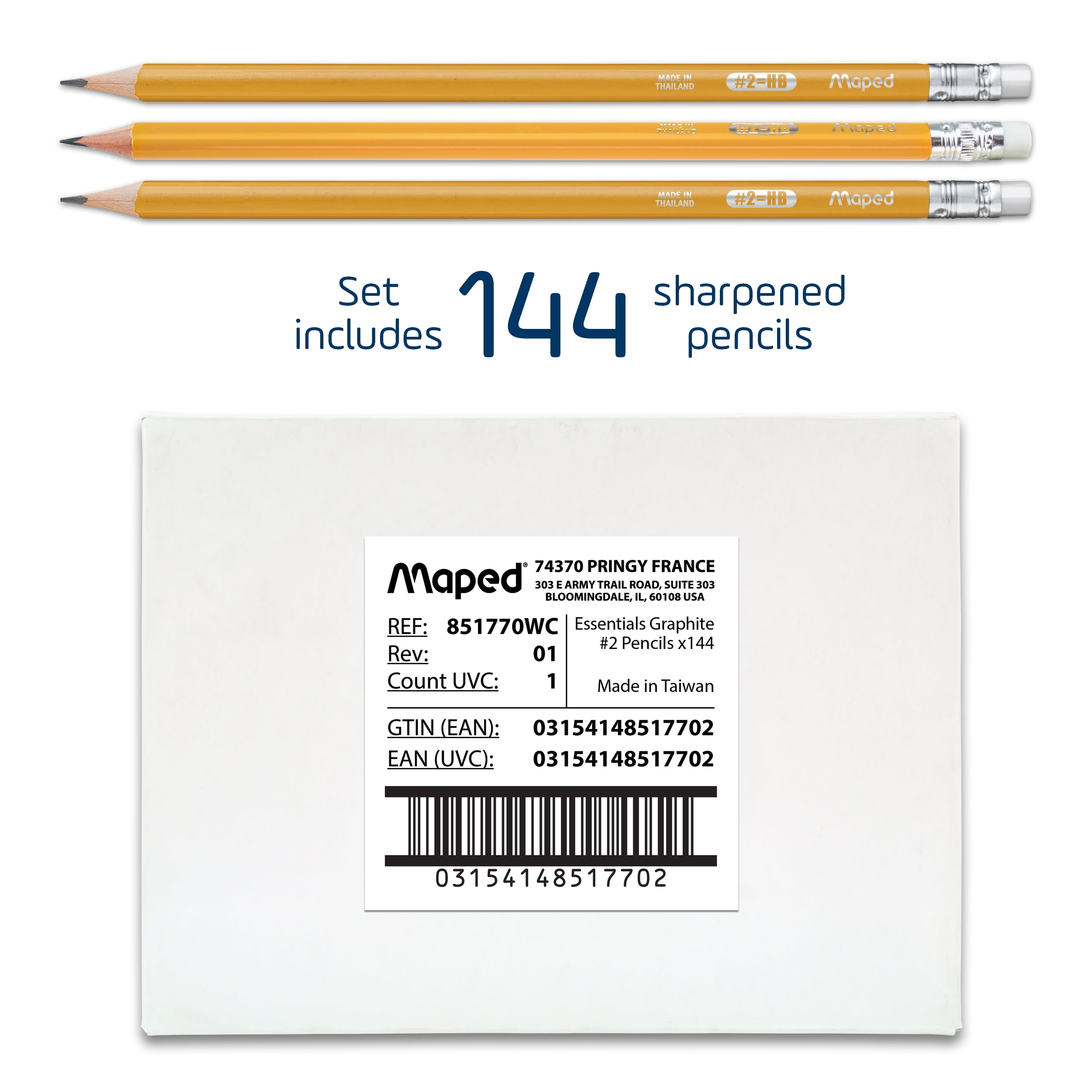 Maped Pre-sharpened Triangular Graphite #2 Yellow Pencils - 144 Pack