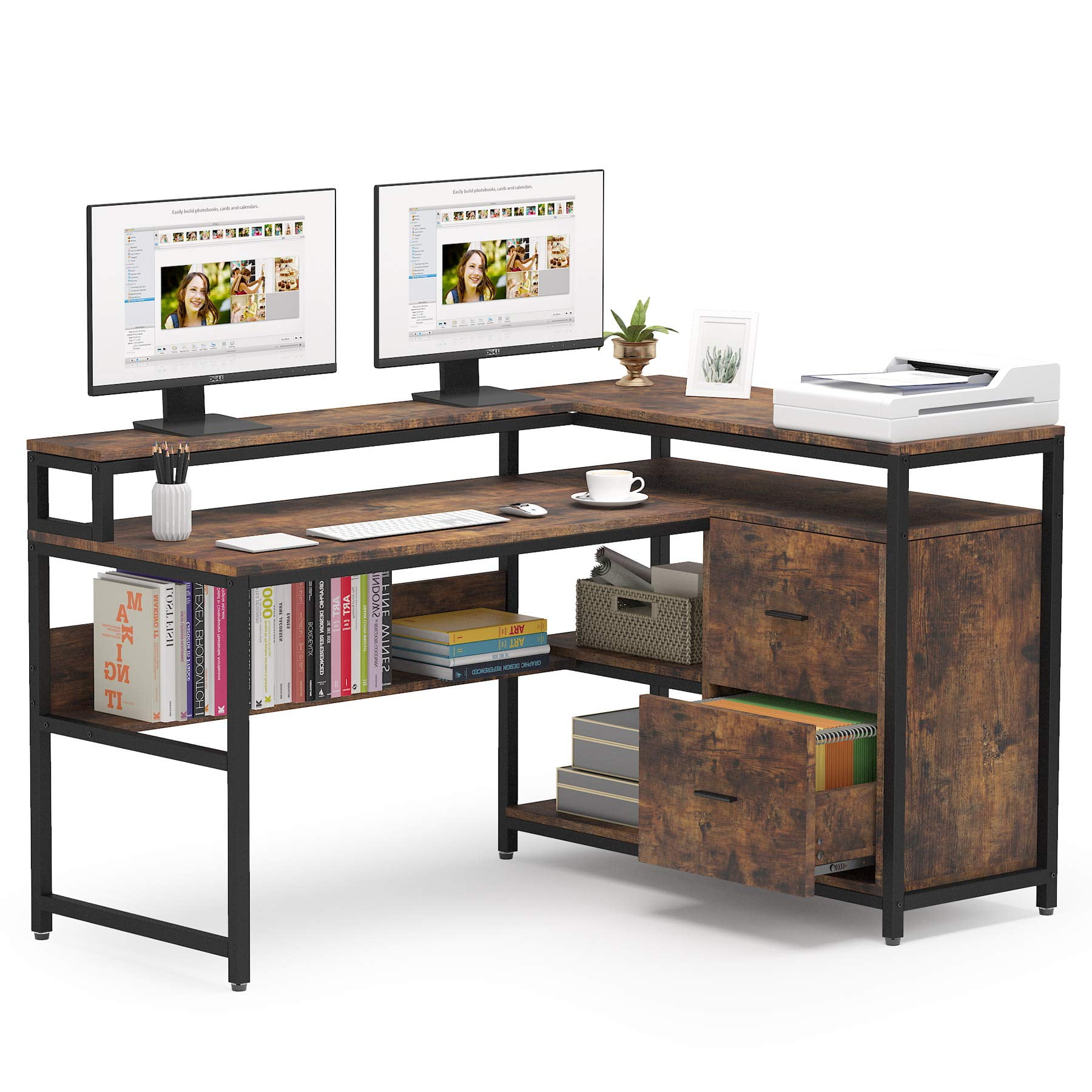 Tribesigns L Shaped Desk with 2 Drawers and Hutch Shelf, 59 Inch Lshaped Computer Desk with