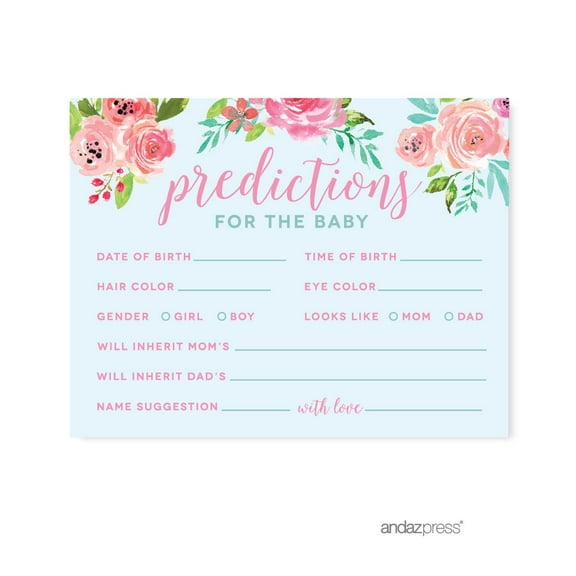 Baby Shower Pink Roses English Tea Party, Predictions for Baby Cards, 20-Pack, Games
