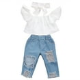 thumbnail image 6 of Toddler Baby Girls Ruffle Off Shoulder Top Ripped Hole Denim Long Pant Jeans Outfit 2Pcs Summer Fall Clothes Set, 6 of 7