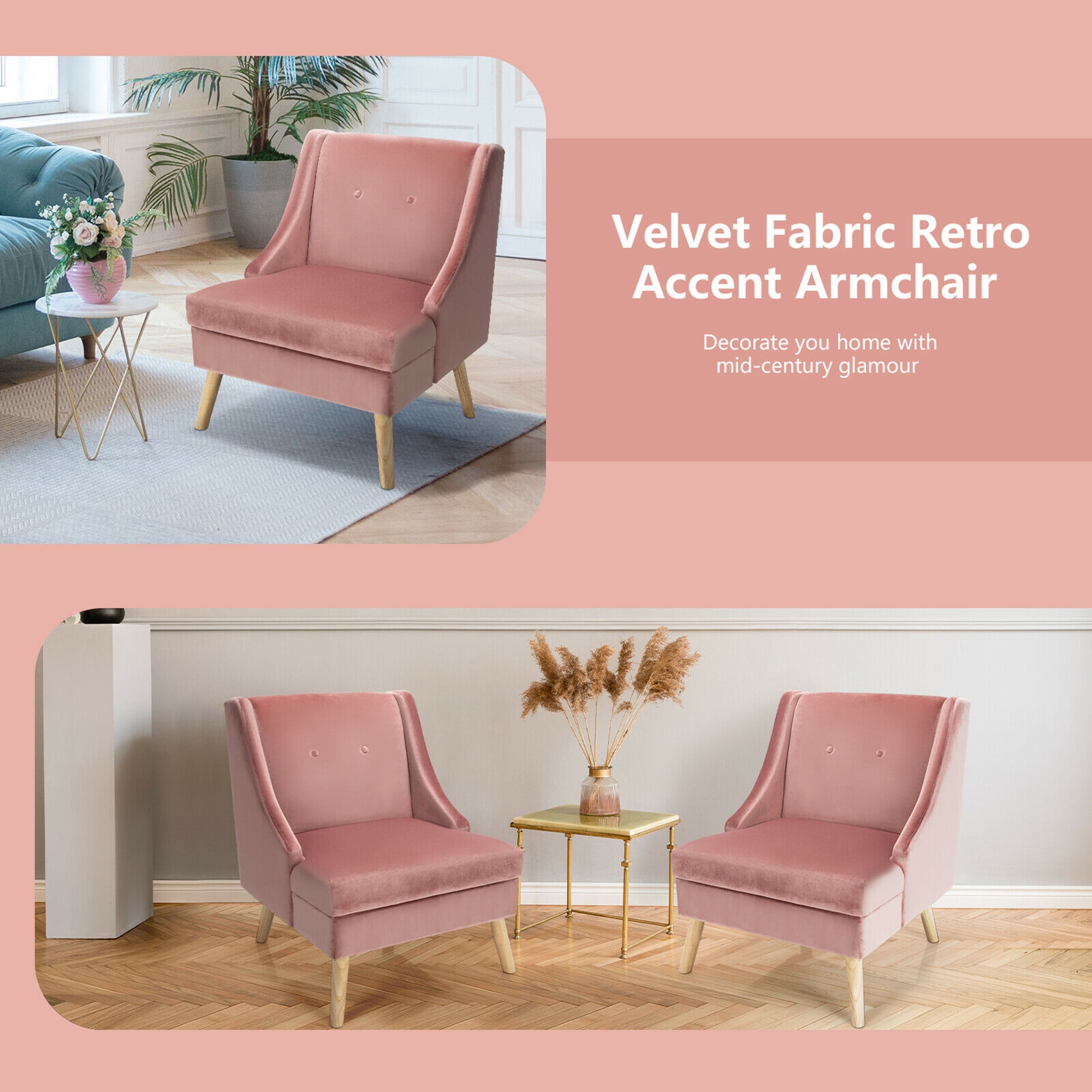 Gymax Velvet Upholstered Swoop Arm Accent Chairs with Rubber Wood Legs, Pink