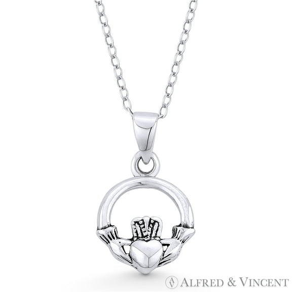 Irish Claddagh & Heart Celtic Luck Charm w/ Chain Necklace in Oxidized .925 Sterling Silver