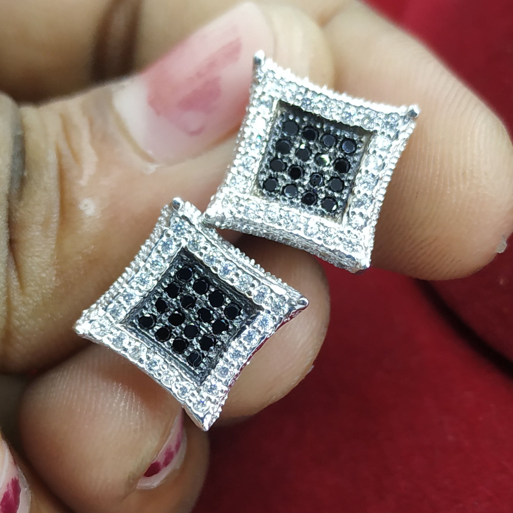0.25 CT Men's 925 Silver Kite Shape Earrings with Clear, Black & White CZ Square Stud Design, 10mm, 14K White Gold Plated Silver - Unisex Earrings for Men and Women