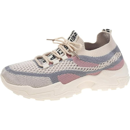 Flying Weaving Sneakers Women New Korean Fashion Round Head Lace Up Casual Shoes Thick Bottom Running Shoe with Toe