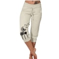 thumbnail image 3 of Pantalones de verano para mujer, diseño de cordón elástico en la cintura con estampado, pantalones deportivos casuales recortados para mujer, 3 of 6