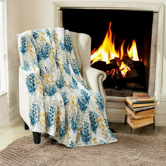 Serafina Home Decorative Floral Throw Blanket: Design Accent for Couch or Bed, Colors: Light Beige Navy Aqua Blue Yellow White