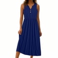 thumbnail image 4 of Women Summer Maxi Dress Solid Color Sleeveless V Neck Button Pleated Elegant Flowy Sundress with Pockets Casual Beach Vacation Dresses, 4 of 8