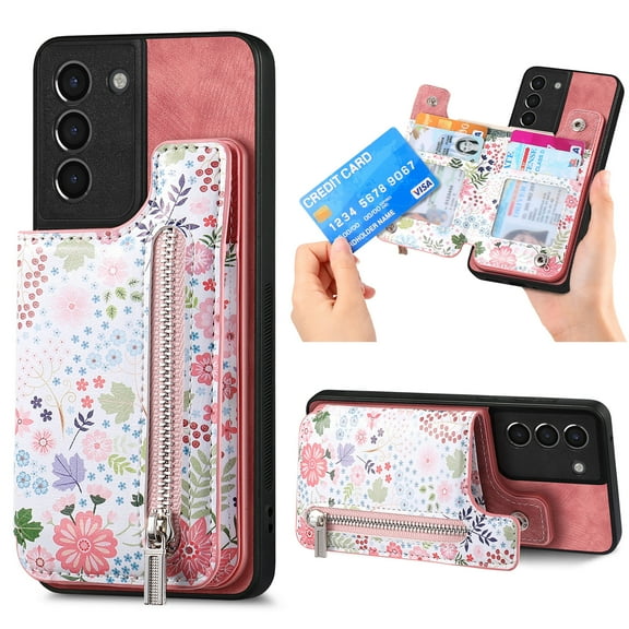 Nalacover Case for Samsung Galaxy S21 Wallet Case with Card Slots Zipper Pocket, Floral Pattern PU Leather Flip Kickstand Cover for Women Girls, RFID Blocking Shockproof Case, Pink