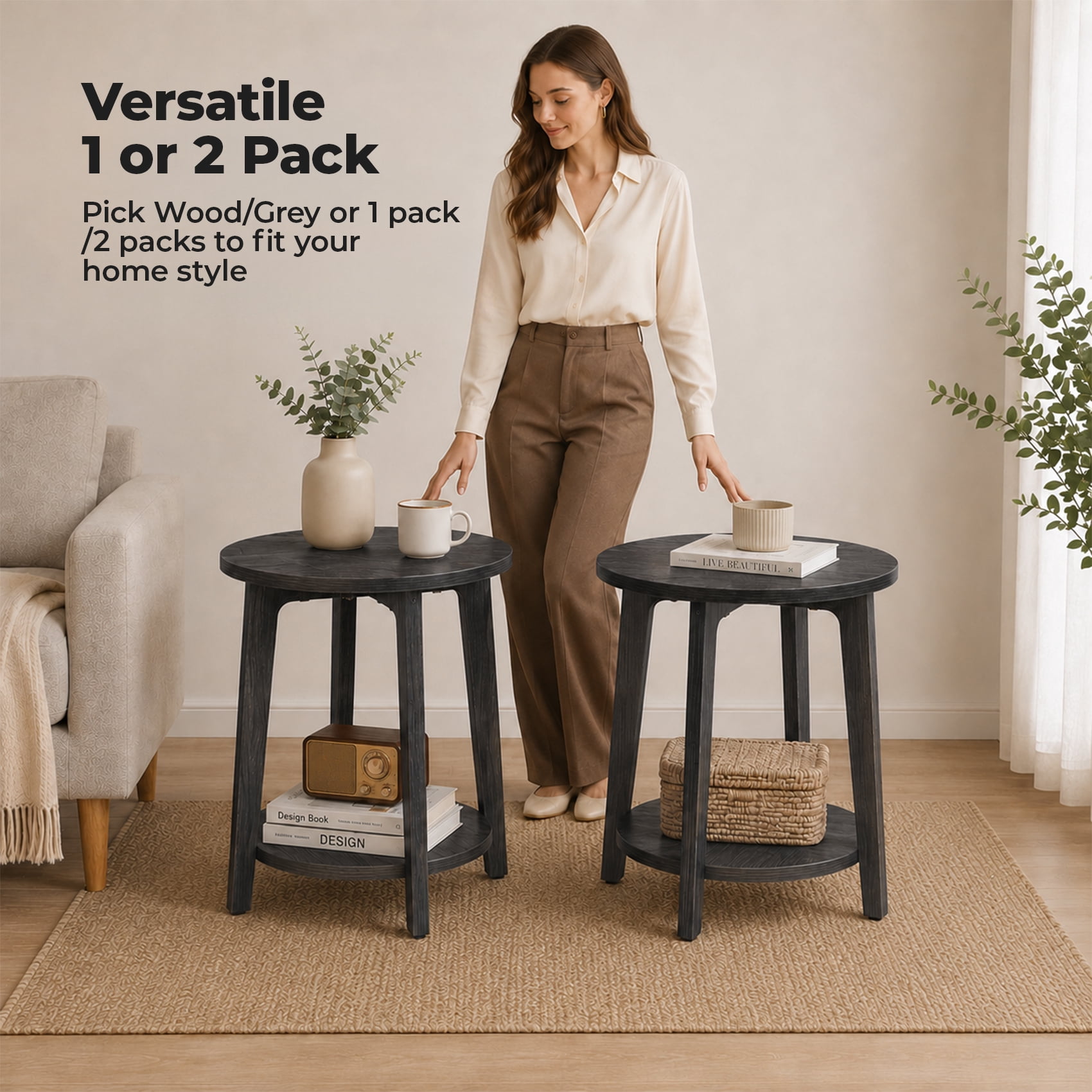 Alvantor Side Table, 2-Tier Small Round End Table, Nightstand with Tapered Legs, Curved Transitions, for Small Spaces, Living Room, Bedroom