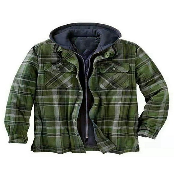 Men Flannel Shirt Jacket with Hooded Thicken Warm Quilted Lined Plaid Jacket Coat Hoodie