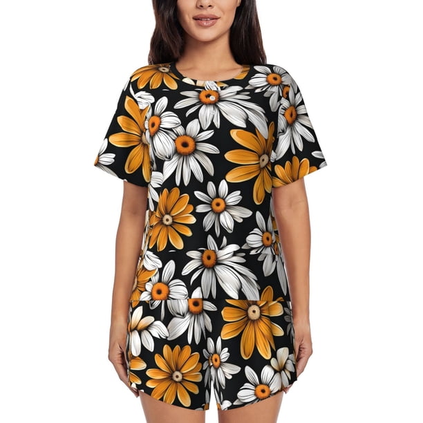 Balery Yellow White Daisy Pattern Conjunto de Pijama para Mujer con Estampado, Dos Piezas de Manga Corta y Shorts, Ropa de Dormir Suave con Cuello Redondo y Bolsillos-Large