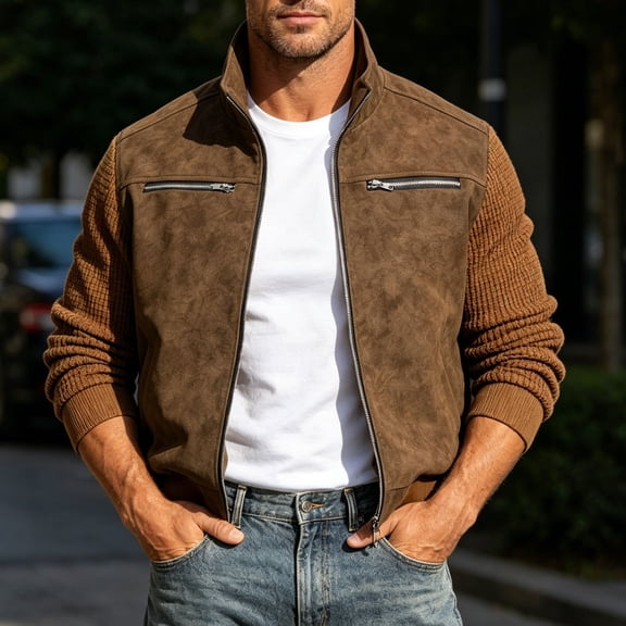 BRGZLK Mens Faux Suede Jacket 2026 Fall Winter Casual Vintage Stand Collar Full Zip Patchwork Textured Bomber Jackets for Daily Casual Outings Brown M