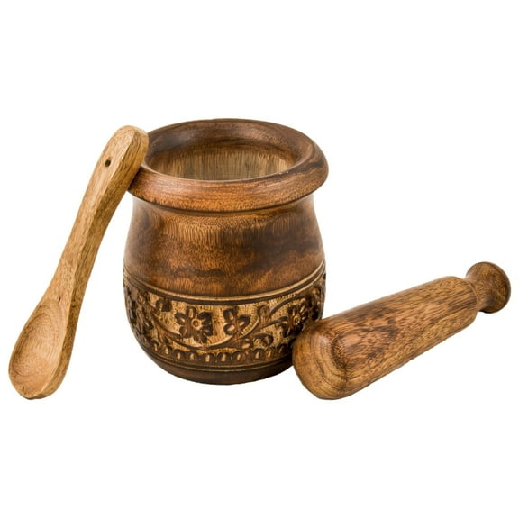 Wooden Carved Mortar and Pestle | Grinder for Herbs, Spices Kitchen Usa, Natural Mango Wood Engraved Handmade - 3.5 in
