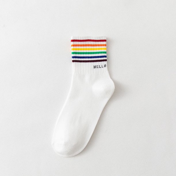 Calcetines De Mujer Media Tubo Blanco De Dibujos Animados Oso Arco Iris Letra Amor Sonriente Cara Rayas Deportivos