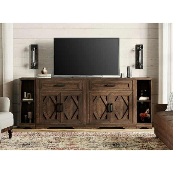 WAMPAT 82.7"W TV Stand for up to 95" TVs,Farmhouse Entertainment Center with Storage Barn Door Cabinet,TV Console Table with Media Cabinet and Drawers for Living Room,Bedroom,Dark Brown