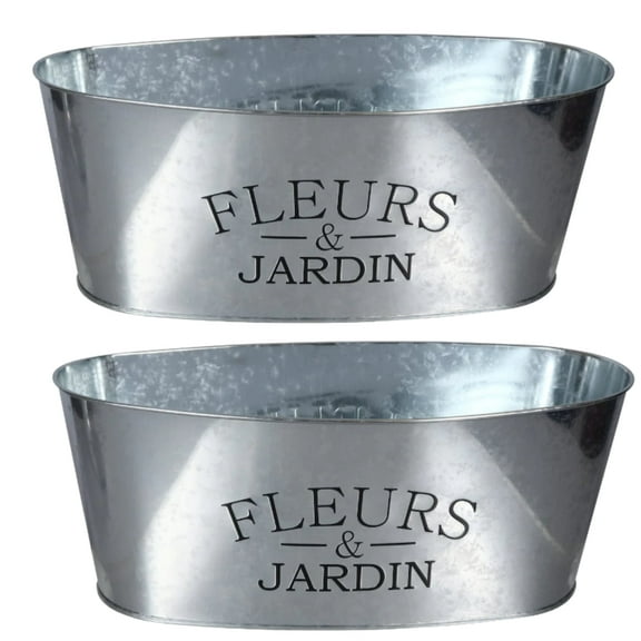 Galvanized Metal Oval-Shaped Planters Rustic Farmhouse ''Fleurs & Jardin'' Planter Pots for Home Decor Wedding House Warming DIY Succulent Gifts Set of 2 & CUSTOM Storage Carrier