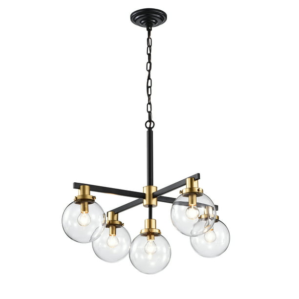Gold Chandelier With Glass Globe Shades, Matte Black Lighting Chain