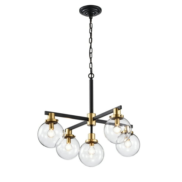 Helana 5 Light Matte Black And Gold Chandelier With Glass Globe Shades Com Gold Chandelier With Glass Globe Shades, Matte Black Lighting Chain