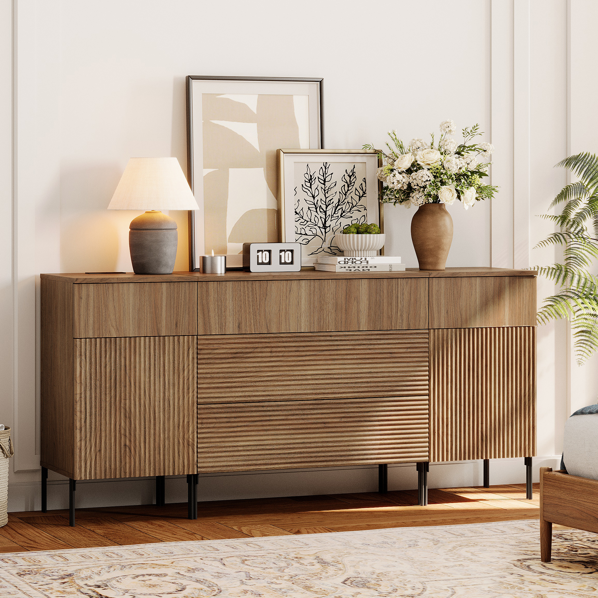 63" Reeded Accent Cabinet Set with Doors and Drawers, Modern Credenza Storage Cabinet with Charging Station for Living Room, Kitchen, Dining Room, Hallway