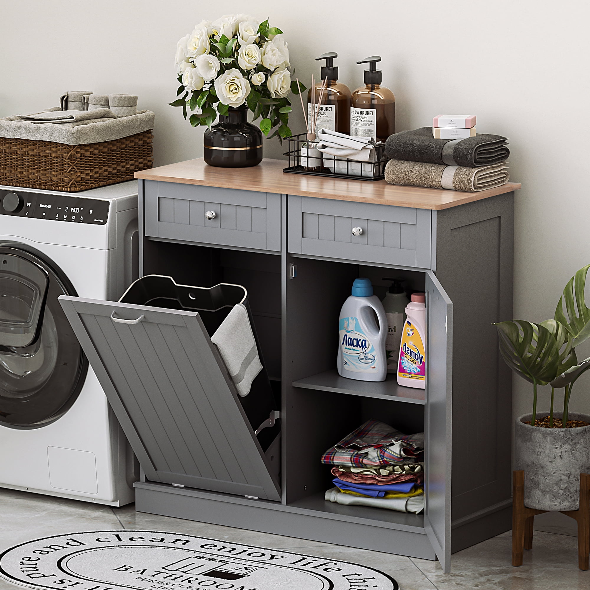 HARIPUL Single Tilt Out Trash Cabinet 13 Gallon Waste Bins Hidden Trash Bin w/ Hiddles for Kitchen, Gray