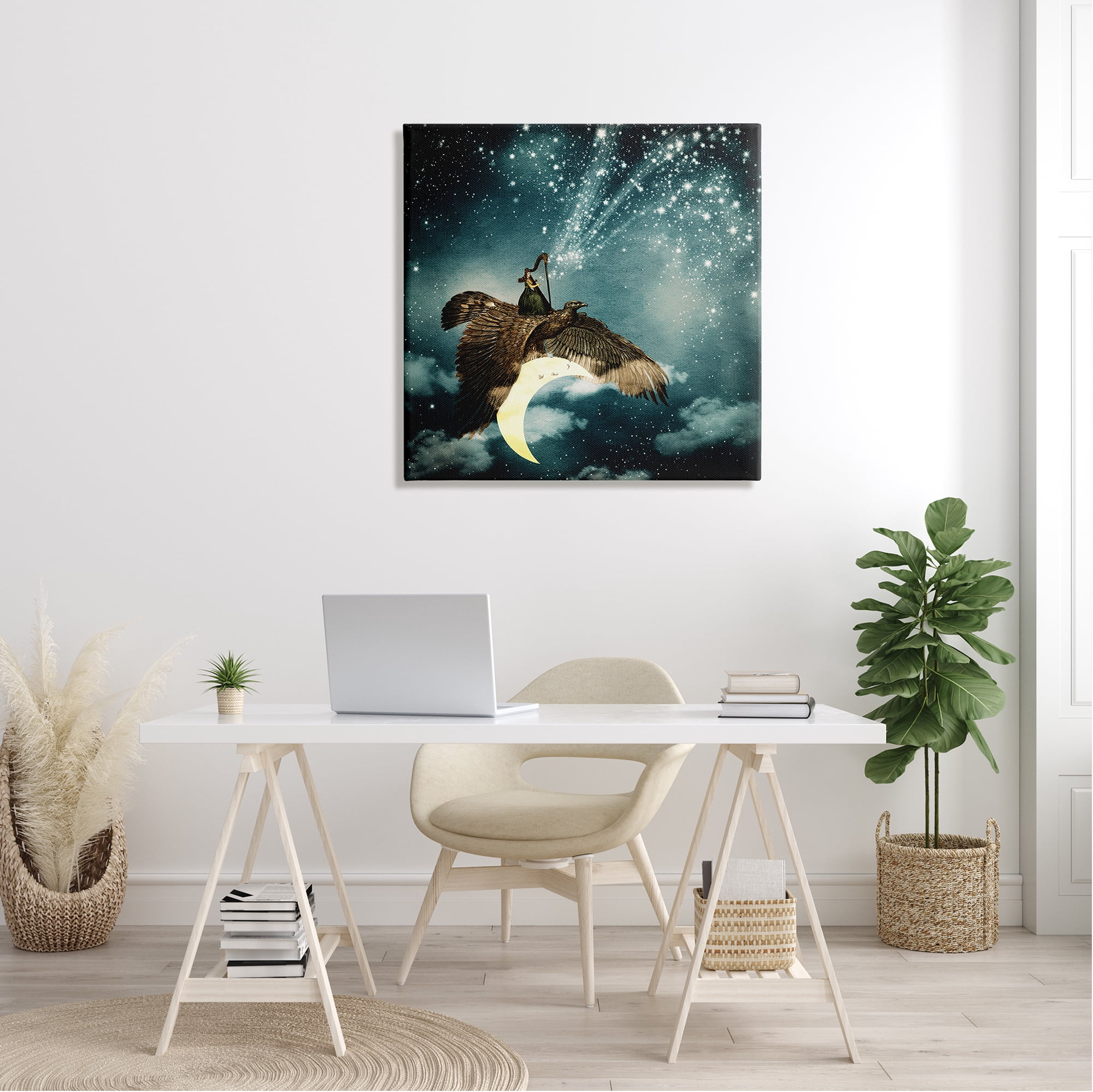 Stupell Industries Dreamy Surreal Bird Flying Moon Harp Galaxy Stars Canvas Wall Art, 30 x 30, Design by Paula Belle Flores