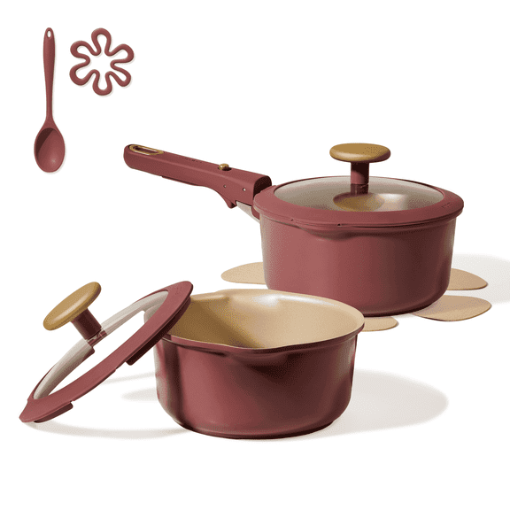 Carote 8 Pcs Nonstick Pots Set w/Lids & Detachable Handle, 2QT & 3QT Saucepans w/Pour Spout, Dishwasher Safe, Oven/Induction Compatible Cookware, Red