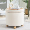 thumbnail image 4 of Round Storage Ottoman with Tray, Modern Tufted Fabric Foot Rest Ottoman with Wooden Spherical Feet Round Vanity Stool for Living Room, Bedroom, Beige, Beige, 4 of 15