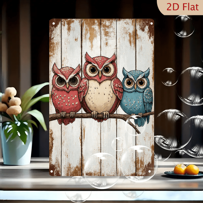 3 Owls Rustic Vintage Wall Art 8x12 Inch Metal Tin Sign Whimsical Cartoon Birds on Wooden Plank Background Cabin Decor Distressed White Brown Teal Pink Feathers Cozy Home Accent