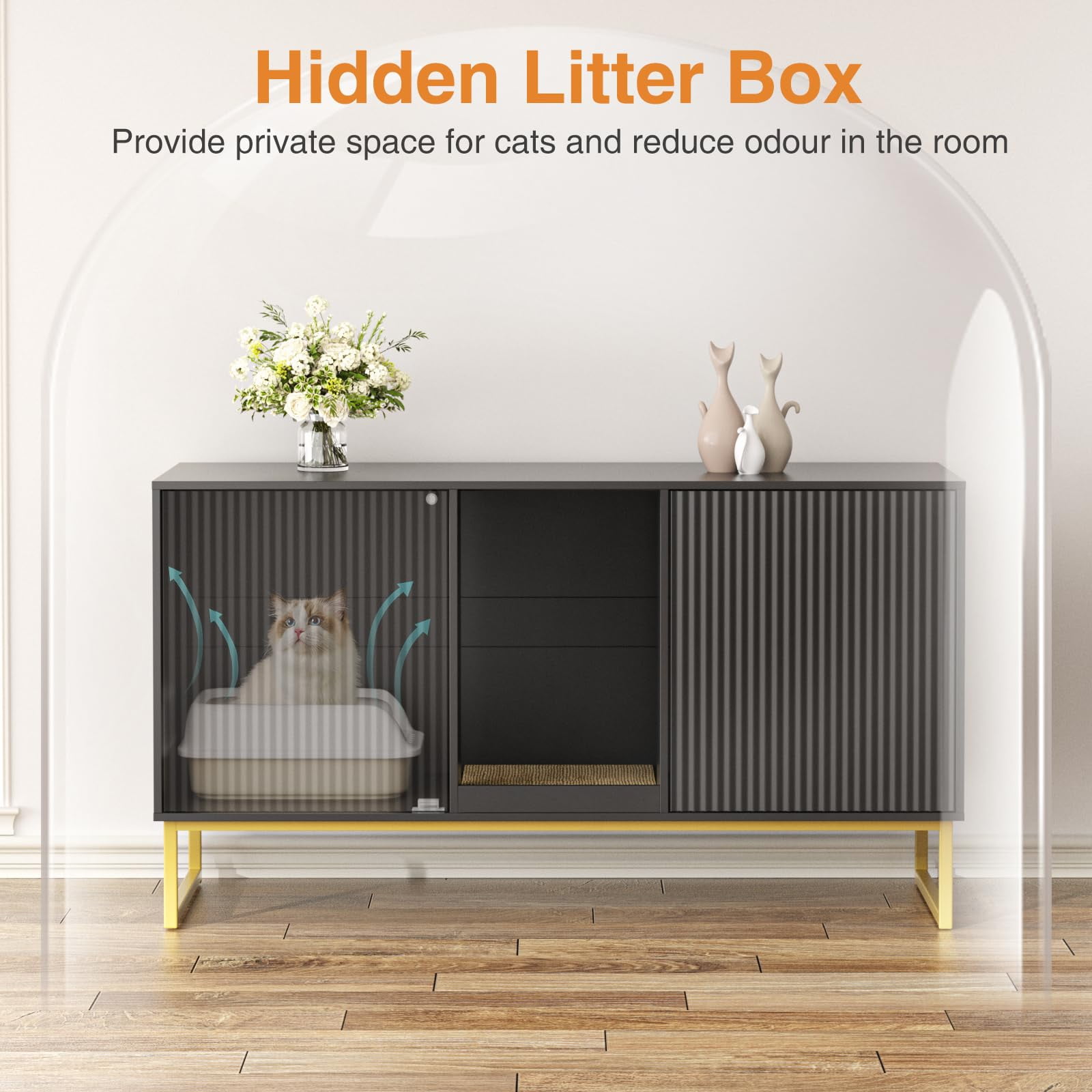 VEANERWOOD Cat Litter Box Enclosure with Hidden Entry and Two Cabinet Doors, Multi-Functional Cat Washroom