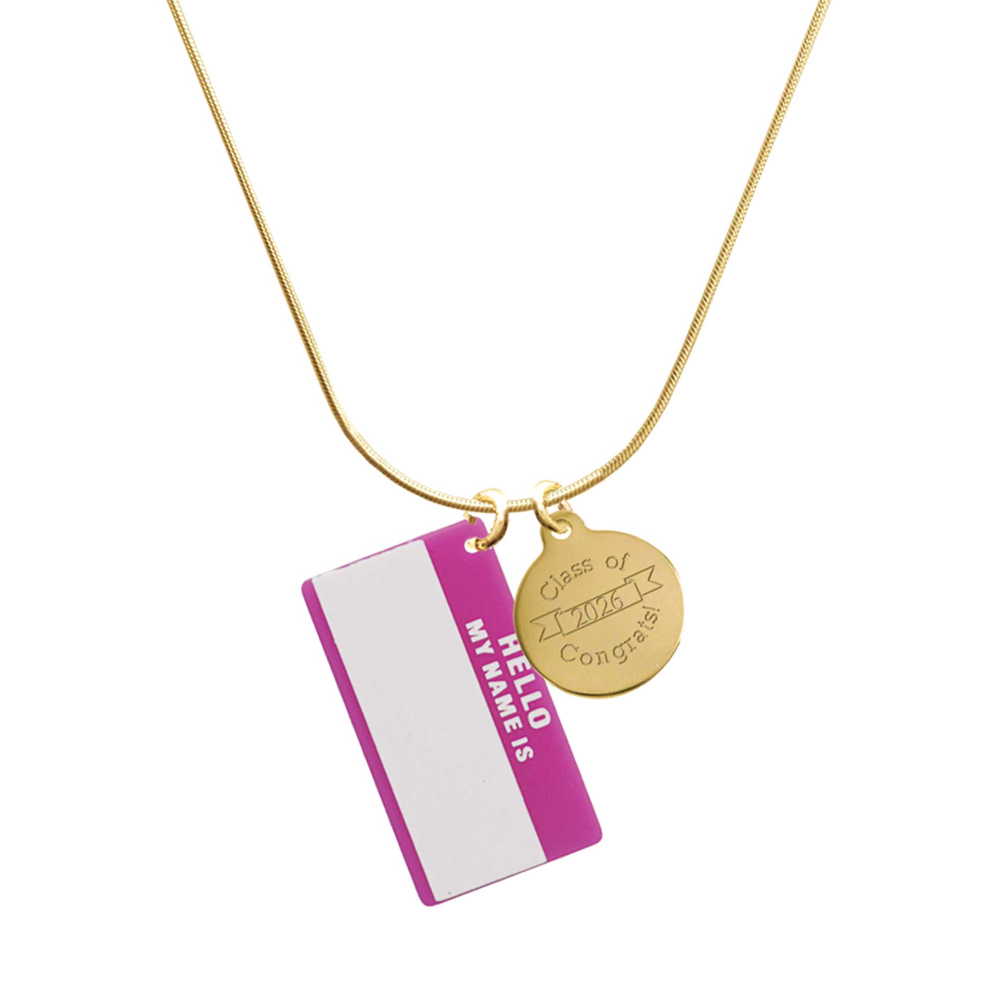 Delight Jewelry Acrylic Pink "Hello" Name Tag - Goldtone Engraved Congrats Class of 2026 Charm Necklace, 18"