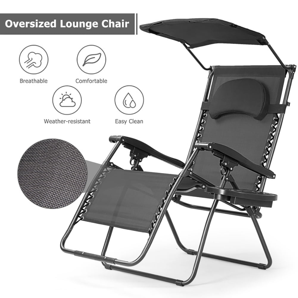 Aimee Lii Folding Recliner Lounge Chair with Shade Canopy Cup Holder, Outdoor Patio Furniture, Black
